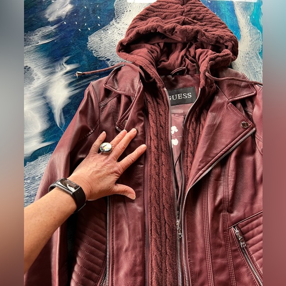 SALE! BUYorBUNDLE! Guess NEW Bordeaux FauxLeatherJacket zipsweater&hoodliner SzM - Picture 6 of 15